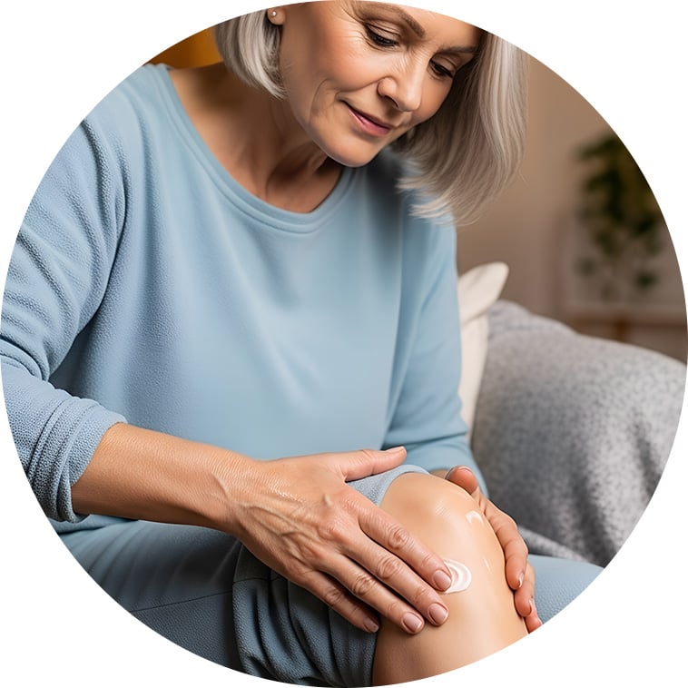Mature woman applying cream to her knee